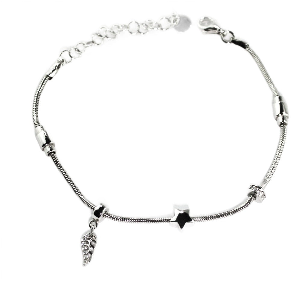 Bracelet 925 Sterling Silver, Angel Wing, Star, Cubic Zirconia, Charm