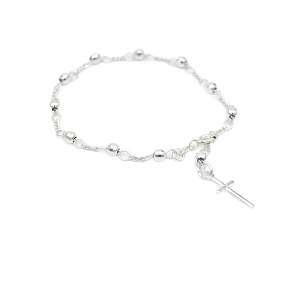 Silver rosary bracelet with diamond circles and a cross 925 sterling silver