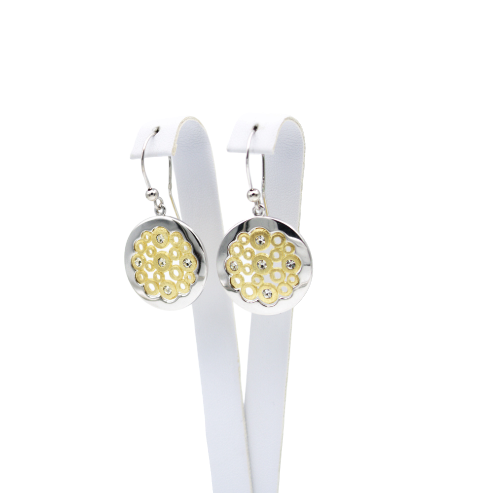 Earrings, 925 Sterling Silver, Openwork Circle With Cubic Zirconia, Gold Plated