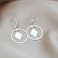 Earrings, 925 Sterling Silver, Open Circle with Rhombus