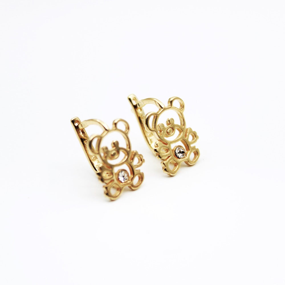 Earrings, 925 Sterling Silver, Cubic Zirconia, Bear, Gold Plated, For Girls