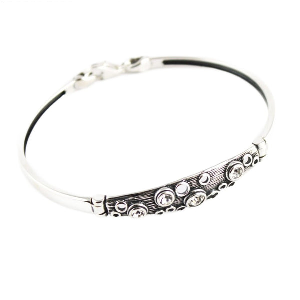 Bangle, 925 Sterling Silver, Oxidized Bracelet, Cubic Zirconia, Openwork