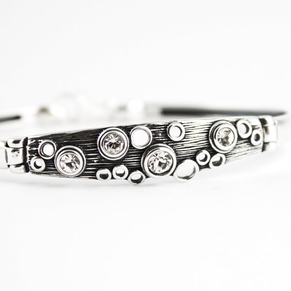 Bangle , 925 Sterling Silver, Oxidized Bracelet, Cubic Zirconia, Openwork