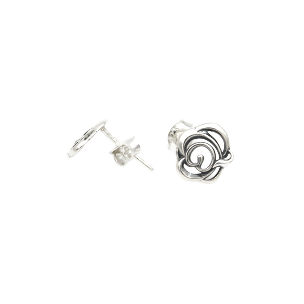 Earrings, 925 Sterling Silver, Stud, Rose, Openwork, Oxidized