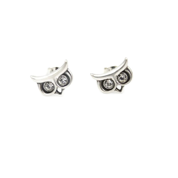 Stud Earrings, 925 Sterling Silver, Cubic Zirconia, Owl, Oxidized