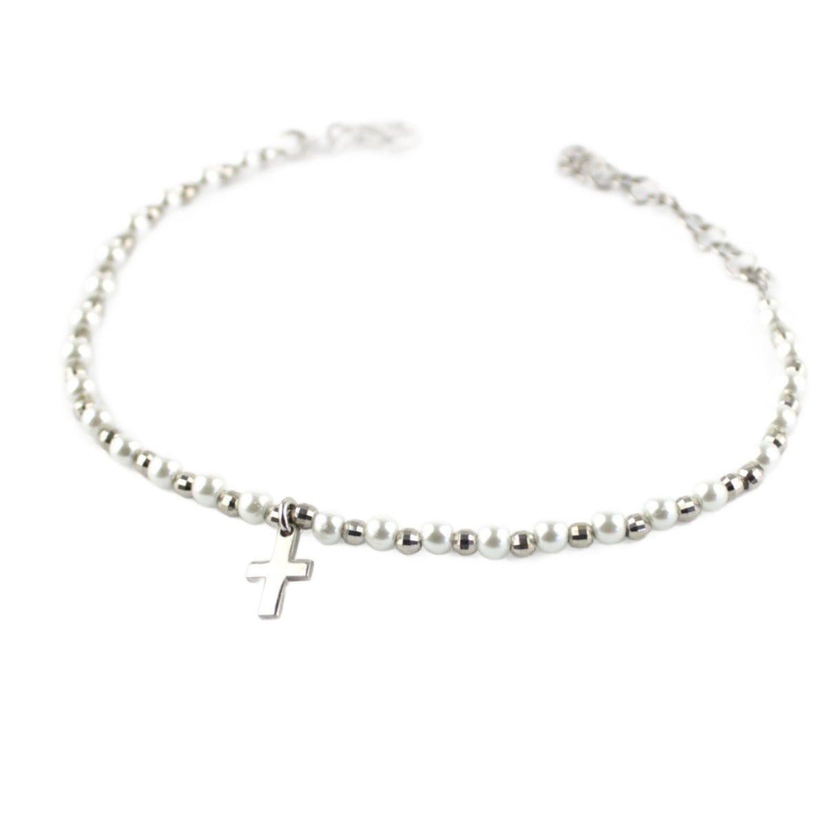 Bracelet 925 Sterling Silver, Pearls, Cross, Balls, Rhodium Plated