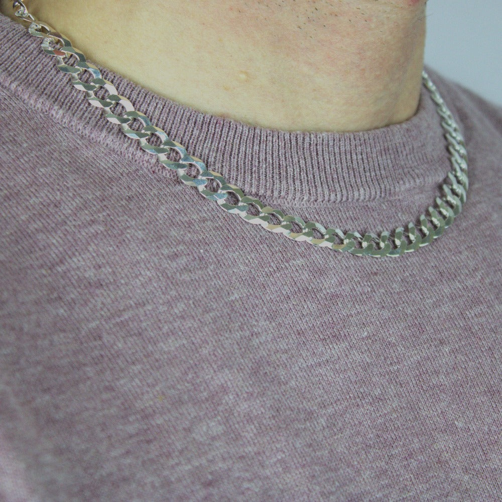 Chain, Men's Curb Chain, 925 Sterling Silver, Wide 9 mm, Unisex, Panzer