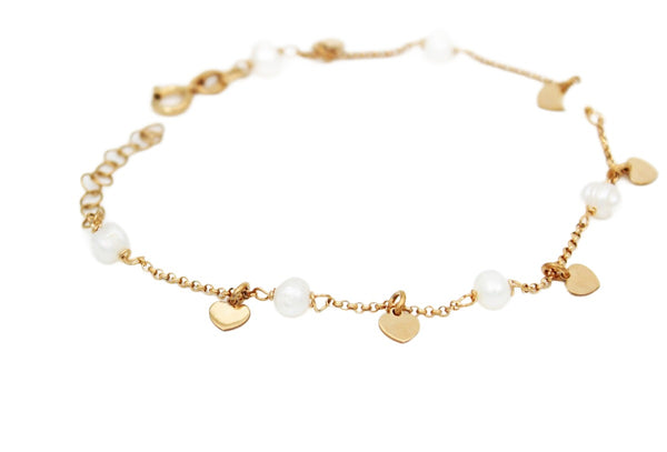 Bracelet 925 Sterling Silver, Pearl, Heart, Gold Plated