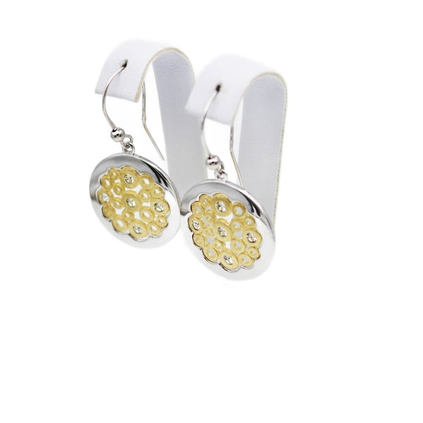 Earrings, 925 Sterling Silver, Openwork Circle With Cubic Zirconia, Gold Plated