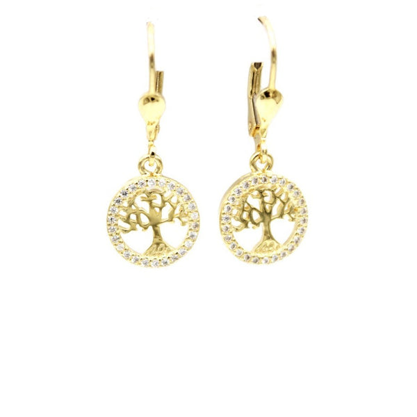 Earrings, 925 Sterling Silver, Gold Plated, Tree of Life, Cubic Zirconia