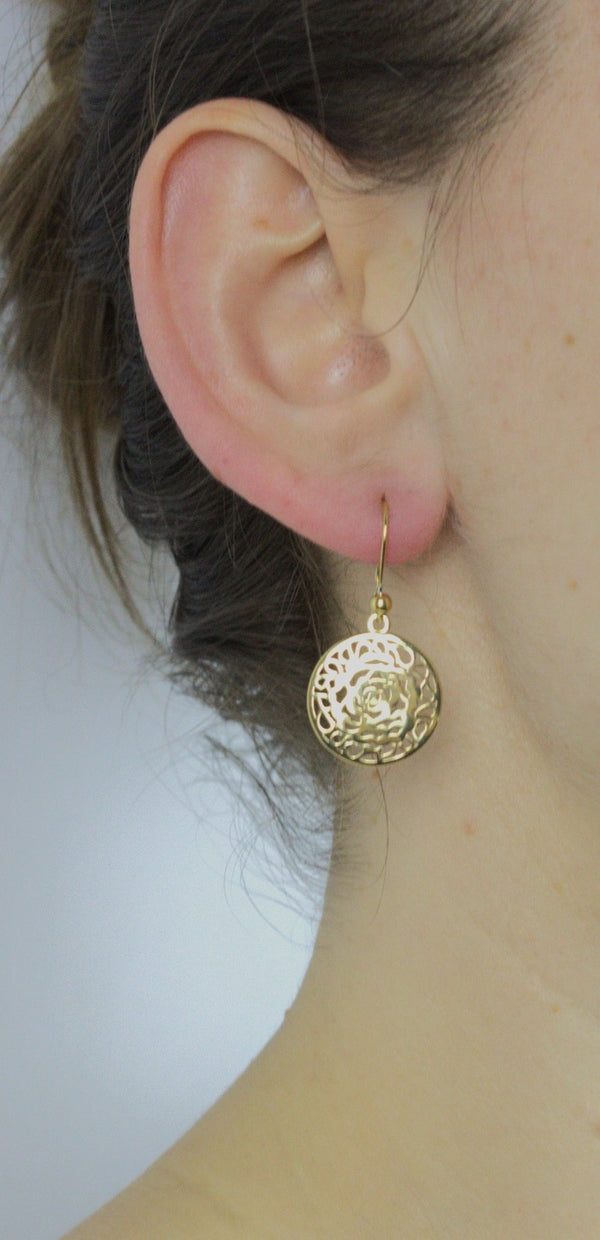 Earrings, 925 Sterling Silver, Openwork Rose, Gold Plated