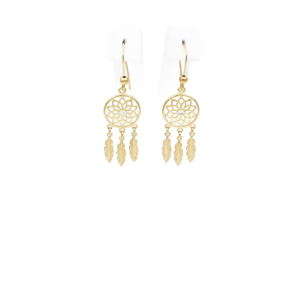 Earrings, 925 Sterling Silver, Gold Plated, Dream catcher, Cubic Zirconia