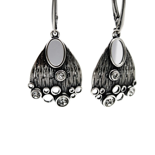 Earrings, 925 Sterling Silver, Oxidized with Cubic Zirconia, Openwork