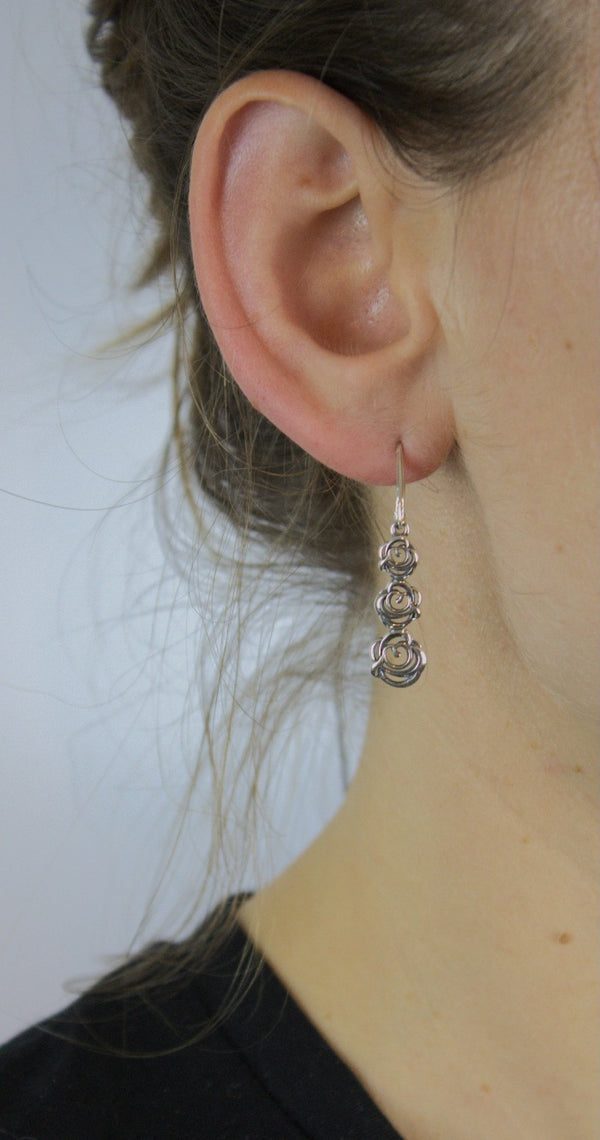 Earrings, 925 Sterling Silver, Drop, Openwork, Rose, Oxidized