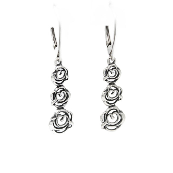 Earrings, 925 Sterling Silver, Drop, Openwork, Rose, Oxidized