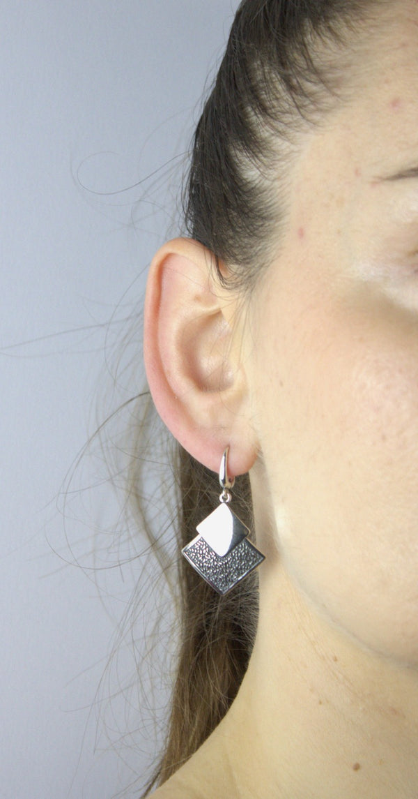 Earrings 925 Sterling Silver, Oxidized, Drop, Square