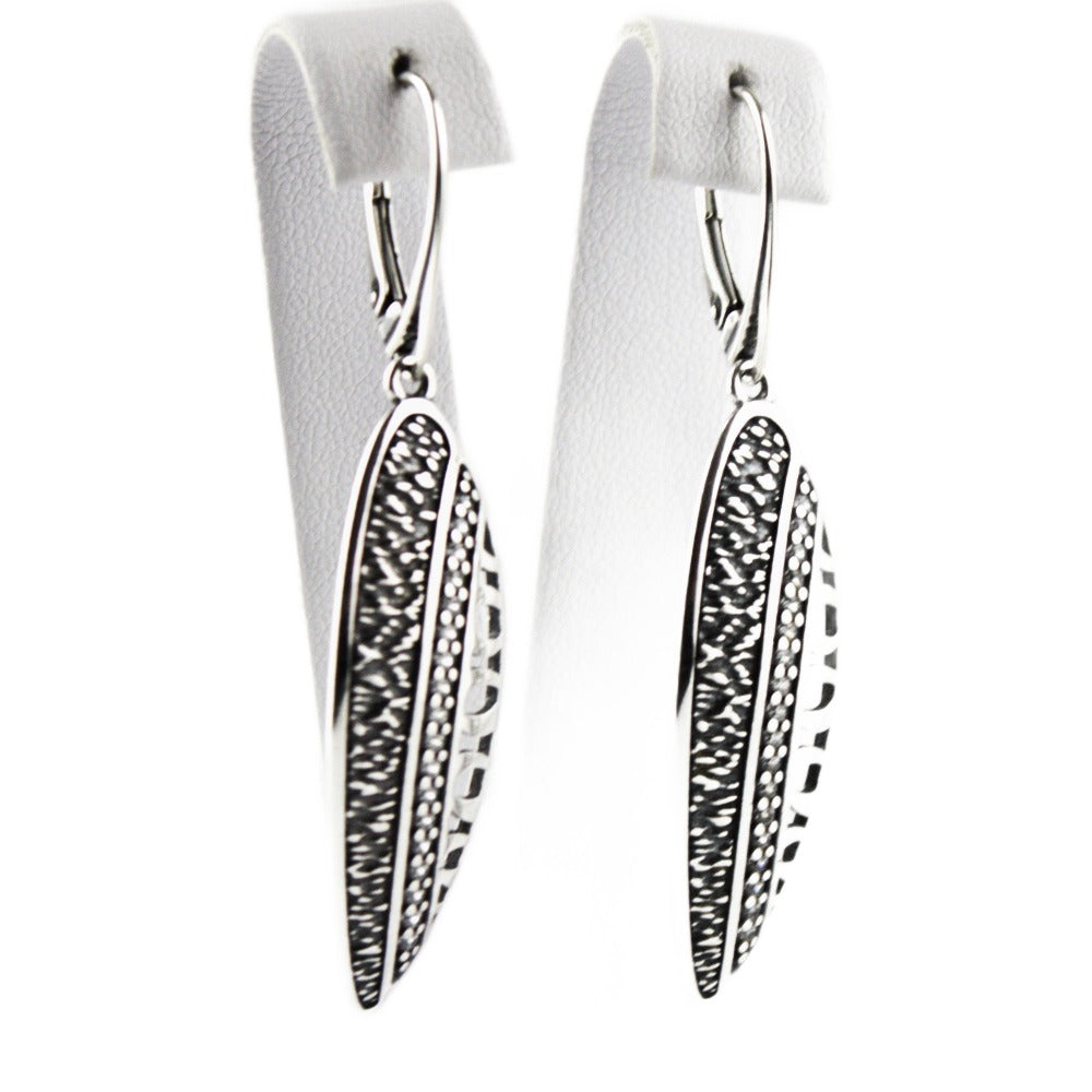 Earrings 925 Sterling Silver, Drop, Cubic Zirconia, Openwork, Oxidized, Long