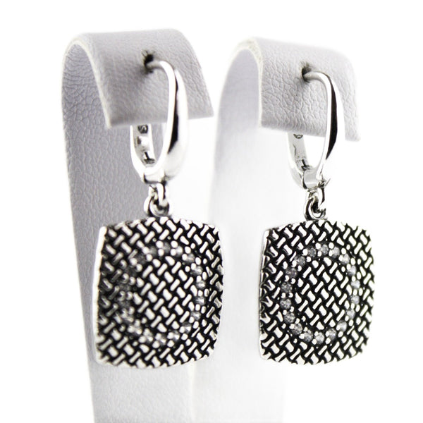 Earrings 925 Sterling Silver, Square, Cubic Zirconia, Oxidized