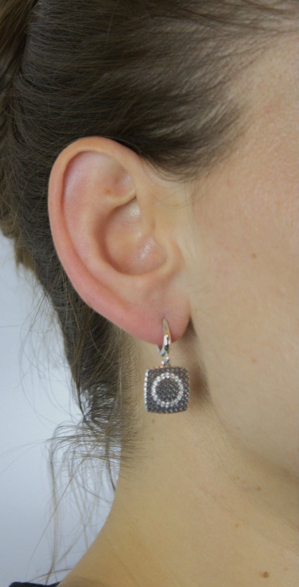 Earrings 925 Sterling Silver, Square, Cubic Zirconia, Oxidized