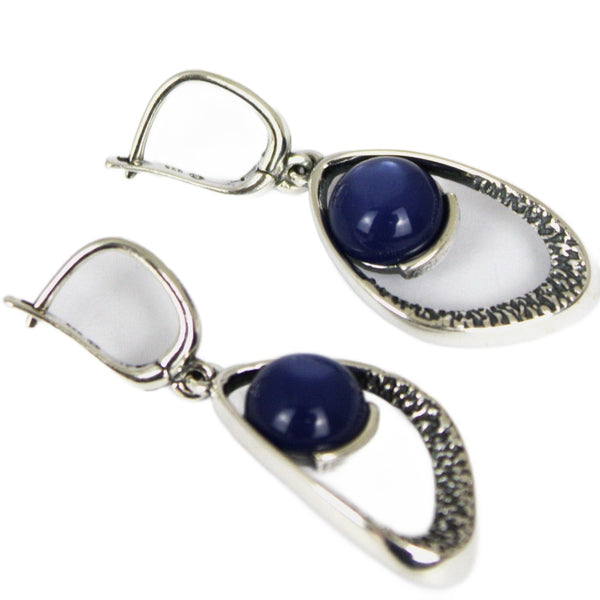 Earrings, 925 Sterling Silver, Cobalt Stone, Oxidized