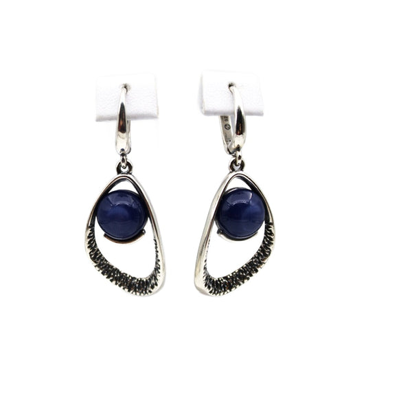 Earrings, 925 Sterling Silver, Cobalt Stone, Oxidized