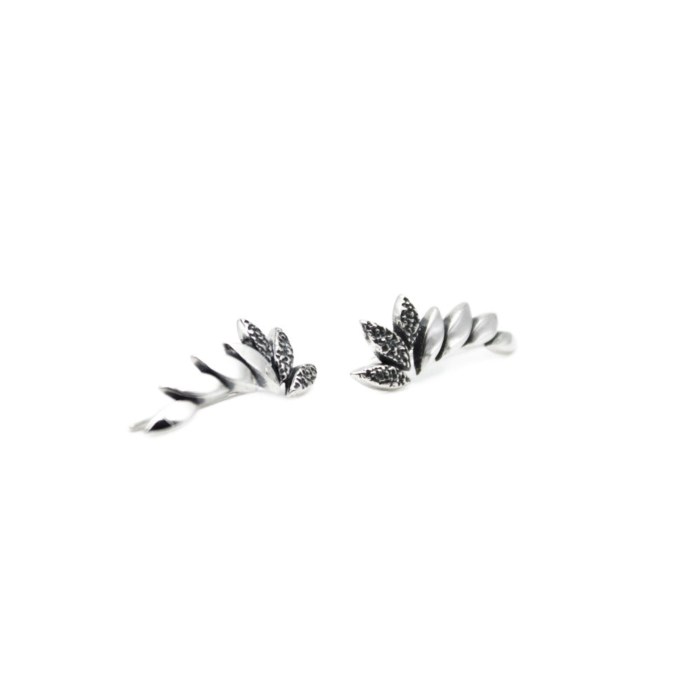 Earrings, 925 Sterling Silver, Climbing Leaf, Oxidized