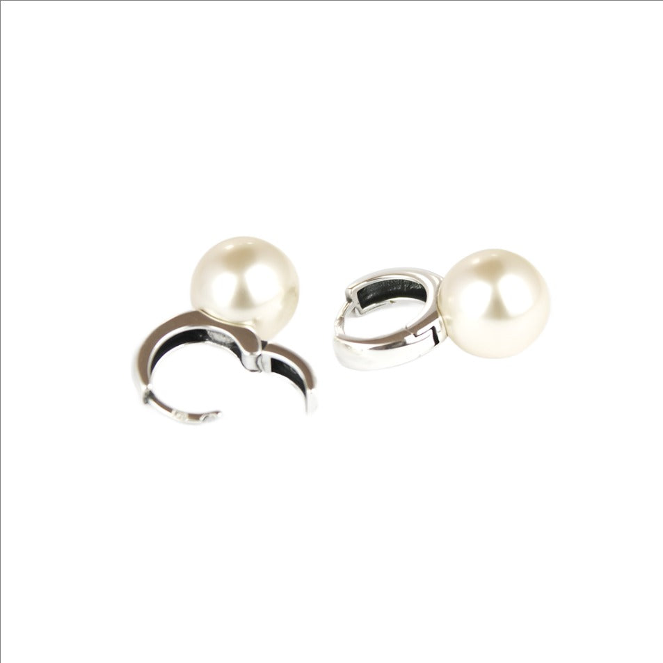 Earrings, 925 Sterling Silver, Hoop with Large Pearl