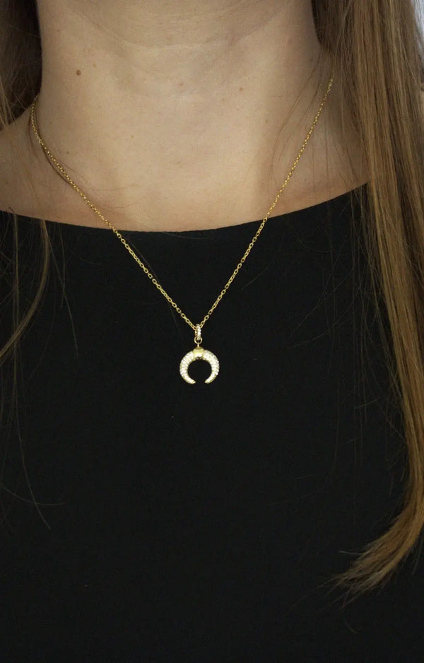 Necklace 925 Sterling Silver, Gold Plated, Moon, Cubic Zirconia