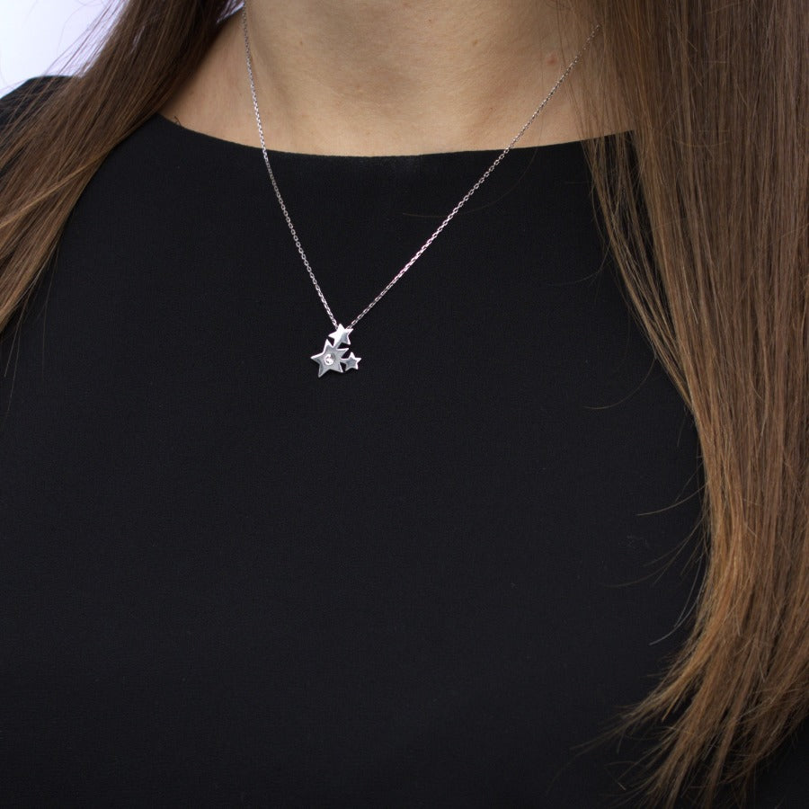 Necklace 925 Sterling Silver, Stars, Cubic Zirconia