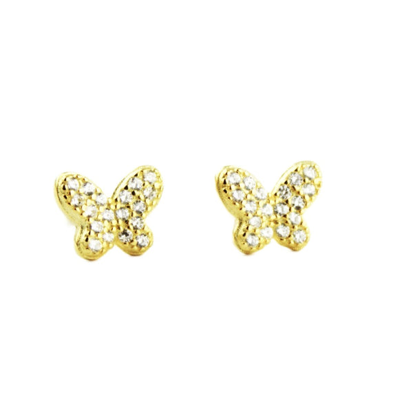 Earrings, 925 Sterling Silver, Cubic Zirconia Butterfly, Gold Plated, Stud Earrings