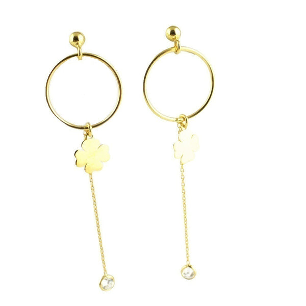 Earrings , 925 Sterling Silver, Cubic Zirconia, Gold Plated, Clover, Circle with Chain