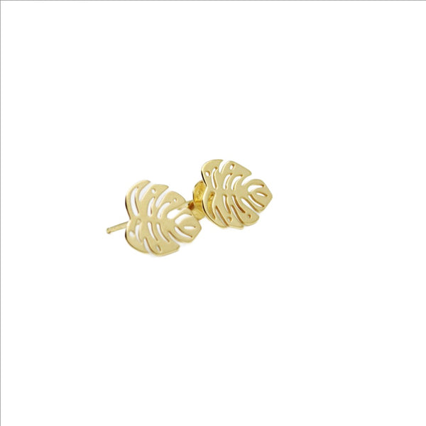 Earrings, 925 Sterling Silver, Monster Leaf, Gold Plated