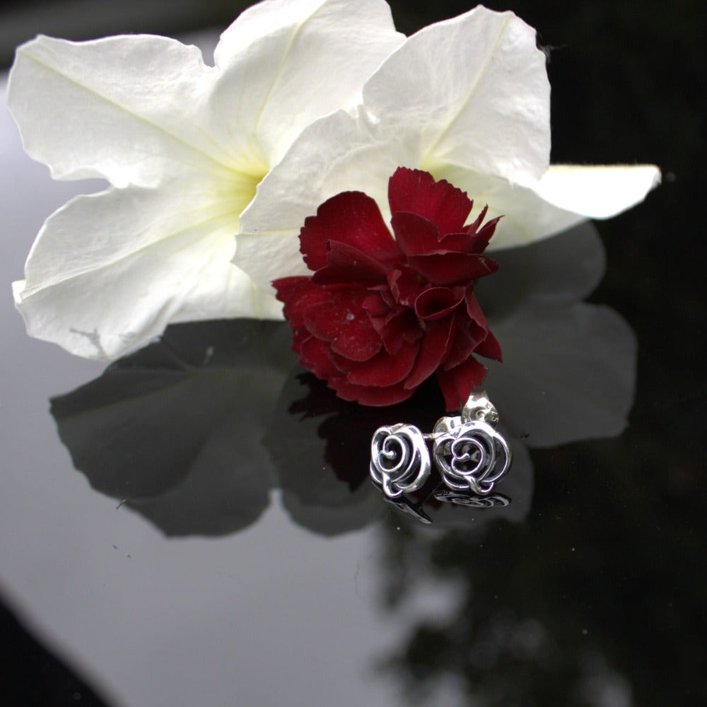 Earrings, 925 Sterling Silver, Stud Rose, Openwork, Oxidized