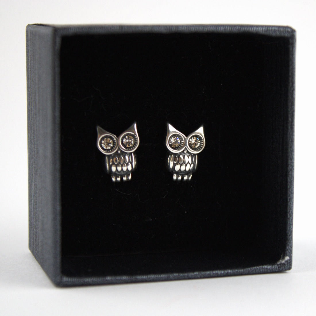 Earrings, 925 Sterling Silver, Cubic Zirconia, Owl, Stud Earrings, Oxidized