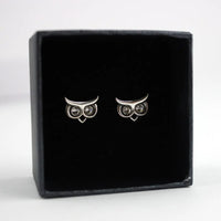 Stud Earrings, 925 Sterling Silver, Cubic Zirconia, Owl, Oxidized