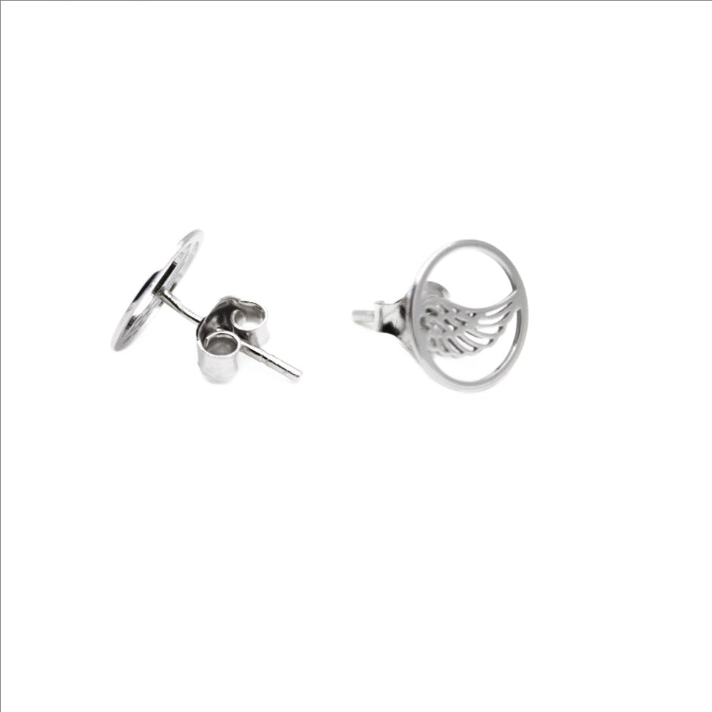 Earrings, 925 Sterling Silver, Round with Angel Wing