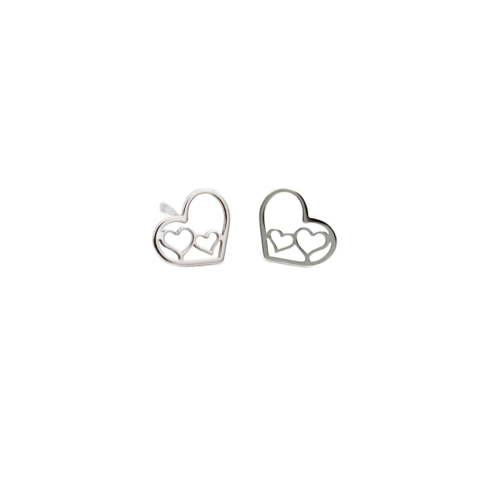 Earrings, 925 Sterling Silver, Triple Heart, Openwork