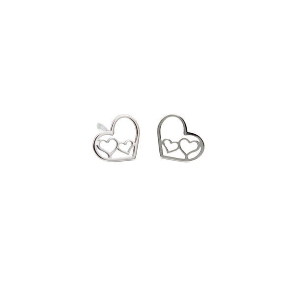 Earrings, 925 Sterling Silver, Triple Heart, Openwork