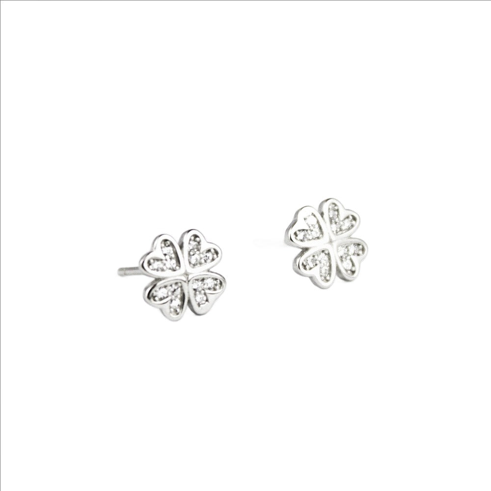 Earrings, 925 Sterling Silver, Cubic Zirconia, Shiny Clover