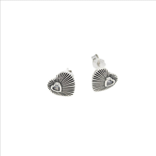 Earrings, 925 Sterling Silver, Heart with Cubic Zirconia, Oxidized