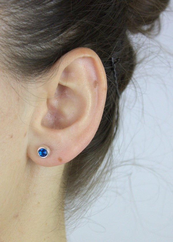 Earrings, 925 Sterling Silver, Blue Cubic Zirconia, Stud Earrings