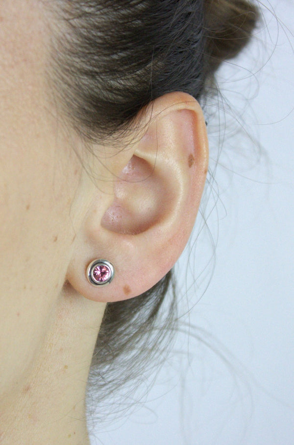 Earrings, 925 Sterling Silver, Pink Cubic Zirconia, Stud