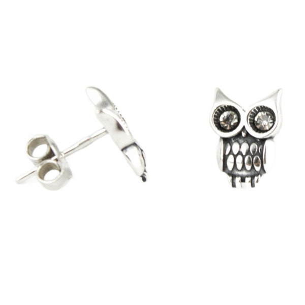 Earrings, 925 Sterling Silver, Cubic Zirconia, Owl, Stud Earrings, Oxidized