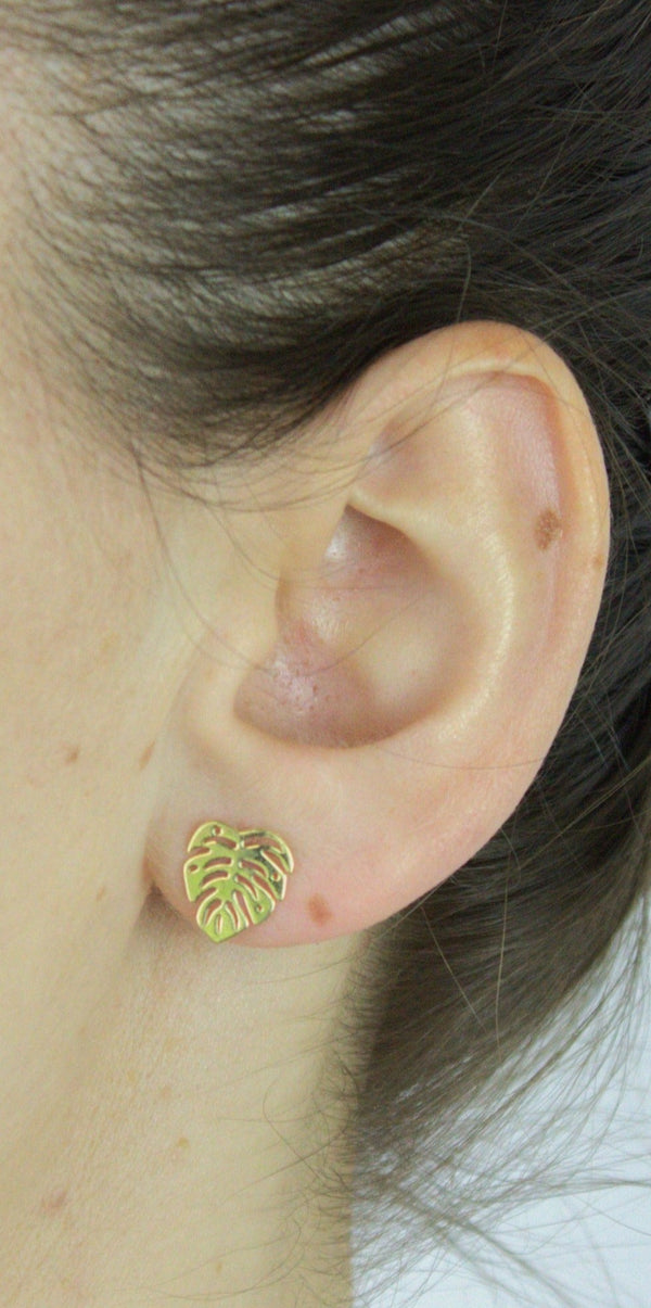 Earrings, 925 Sterling Silver, Monster Leaf, Gold Plated